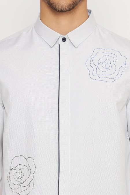 Shop_Lacquer Embassy_Gray Cotton Embroidery, Piping Grey Floral Shirt _Online_at_Aza_Fashions