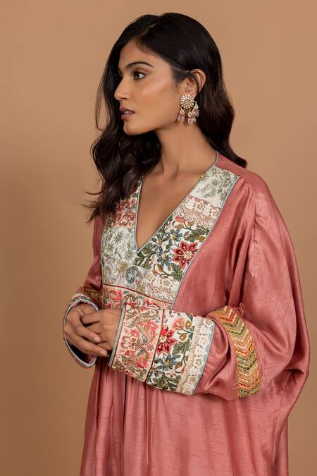 Shop_Varun Bahl_Pink Chanderi Silk Embroidered Patchwork Nakshi V Neck Kaftan_Online_at_Aza_Fashions