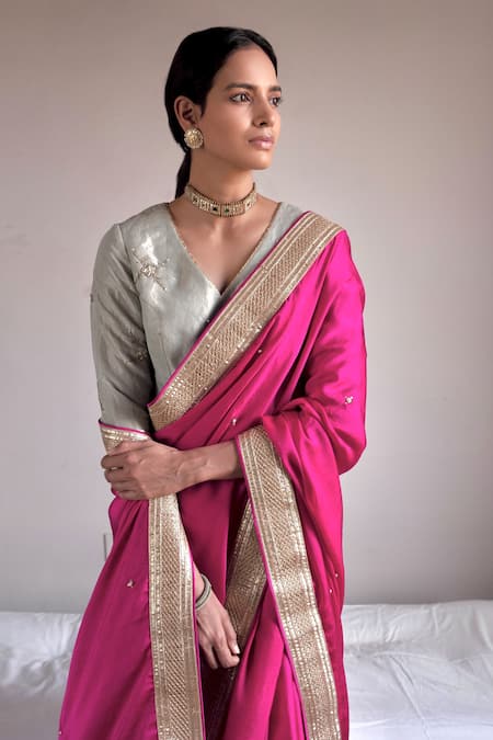 Shop_Shorshe Clothing_Blue Handloom Cotton Embroidery V-neck Floral Embellished Blouse _Online_at_Aza_Fashions