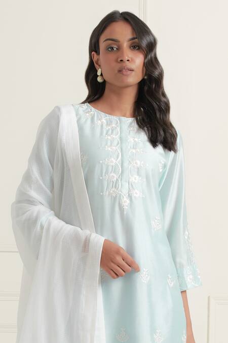 Shop Ikshita Choudhary Sky Blue Kurta Chanderi Silk Embroidered Floral Round Set With Kota Dupatta Online at Aza Fashions Shop_Ikshita Choudhary_Sky Blue Kurta Chanderi Silk Embroidered Floral Round Set With Kota Dupatta_Online_at_Aza_Fashions