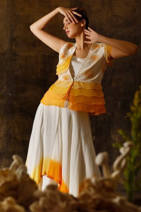 Shop_Eclat By Prerika Jalan_Ivory Organza, Muslin, Silk Embroidery, Pearls Hand Jacket Gharara Pant Set _Online_at_Aza_Fashions