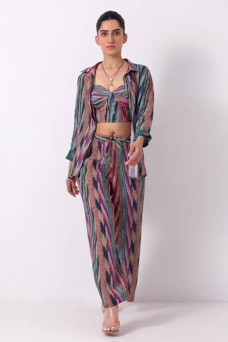 Shop Label Shreya Sharma Multi Color Linen Embroidery Collared Ikat Print Jacket And Pant Set Online at Aza Fashions Shop_Label Shreya Sharma_Multi Color Linen Embroidery Collared Ikat Print Jacket And Pant Set_Online_at_Aza_Fashions