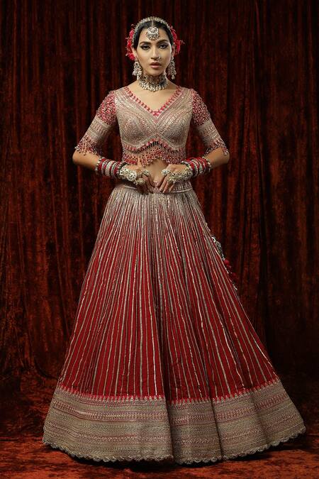 Buy_Shikhar Sharma_Red Silk, Net, Chanderi Beads, Tassels, Ruh Gulab Gota Bridal Lehenga Set _Online_at_Aza_Fashions