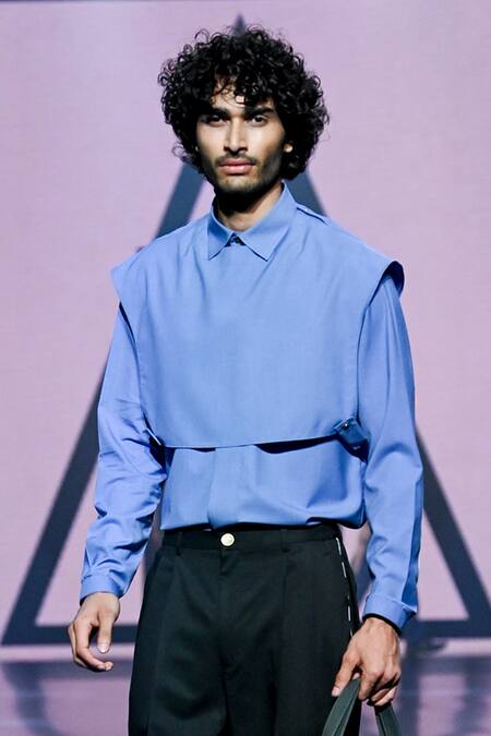 Tisa - Men Blue Terry Rayon Plain Sleeveless Short Cape And Pant Set Online at Aza Fashions Tisa - Men_Blue Terry Rayon Plain Sleeveless Short Cape And Pant Set_Online_at_Aza_Fashions