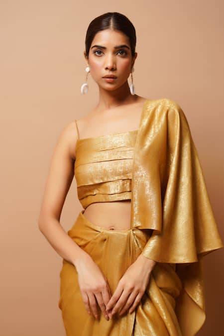 Shop Ahi Clothing Gold Lycra Square Neck Front Pleated Bustier And Skirt Set Online at Aza Fashions Shop_Ahi Clothing_Gold Lycra Square Neck Front Pleated Bustier And Skirt Set _Online_at_Aza_Fashions