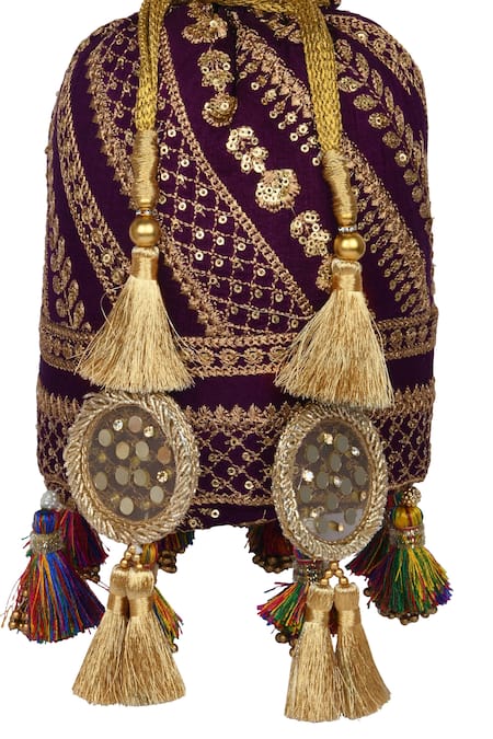 Shop_Miar Designs_Wine Zari Aadhya Hand Embroidered Potli Bag_Online_at_Aza_Fashions