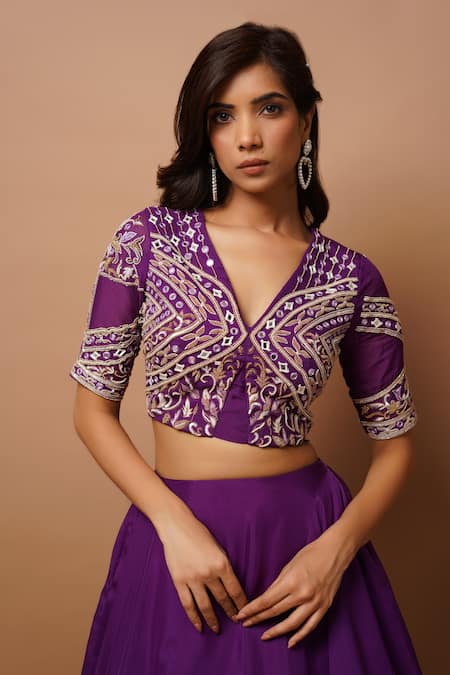 Buy_Ahi Clothing_Purple Organza, Cotton Beads, Cut Embroidered Blouse And Circular Lehenga Set _Online_at_Aza_Fashions