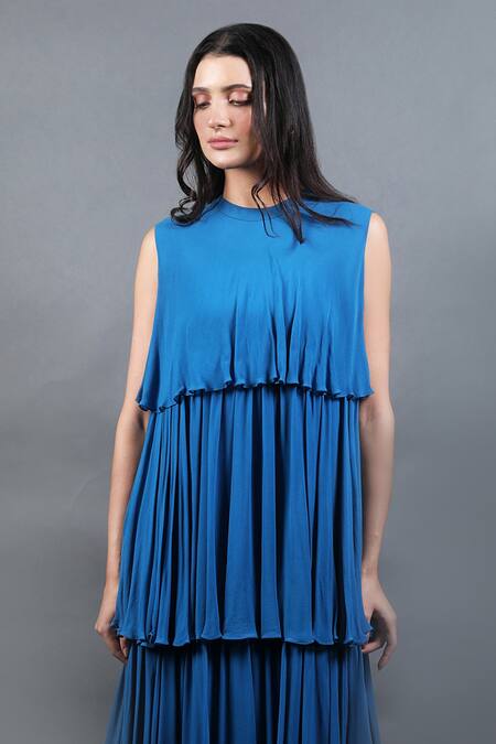 Shop_Swatee Singh_Blue Georgette High Neck Pleated And Tiered Maxi Dress _Online_at_Aza_Fashions