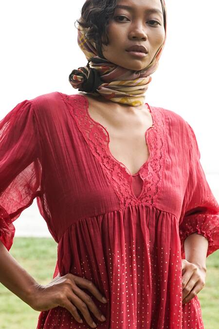 Buy_Baju_Red 40% , 60% , Chanderi Lace Work V Neck Soy Midi Dress_Online_at_Aza_Fashions