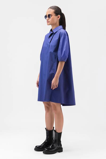 Buy_Genes Lecoanet Hemant_Blue Cotton Collared A-line Poplin Dress_Online_at_Aza_Fashions