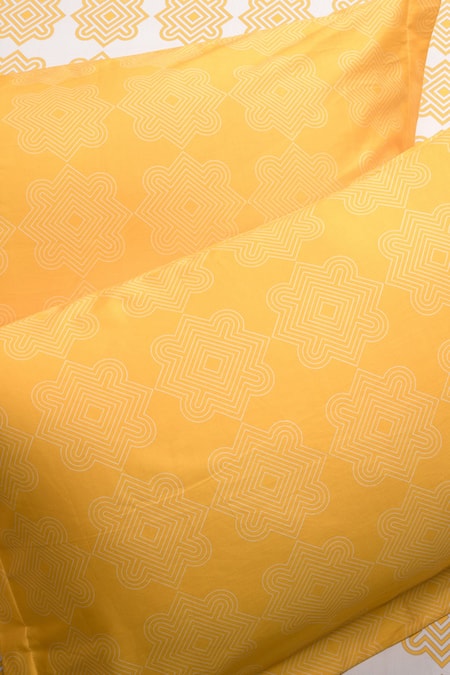 Shop_Kyoona_Yellow 100% Cotton Printed The Iktara Ii Bedsheet Set_Online_at_Aza_Fashions