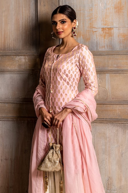 Shop_Monk & Mei By Sonia Anand_Pink Denim, Rayon, Chiffon Embroidery, Kumudini Brocade Kurta Sharara Set _Online_at_Aza_Fashions