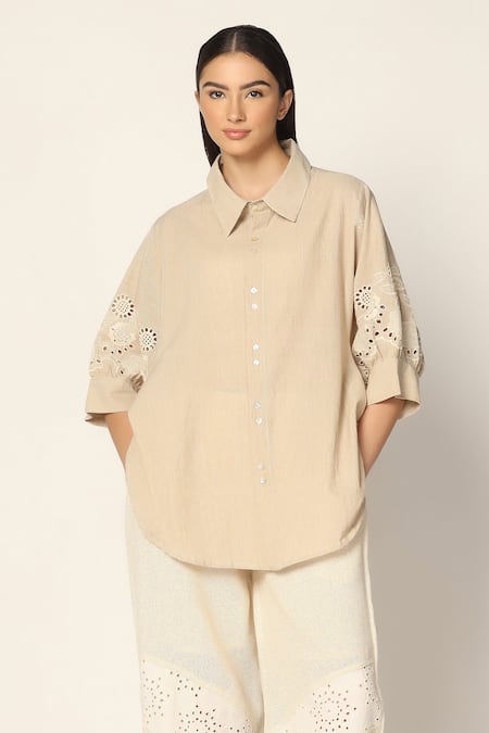 Shop_Two Sisters By Gyans_Beige Cotton Embroidery Collared Sleeve Shirt _Online_at_Aza_Fashions