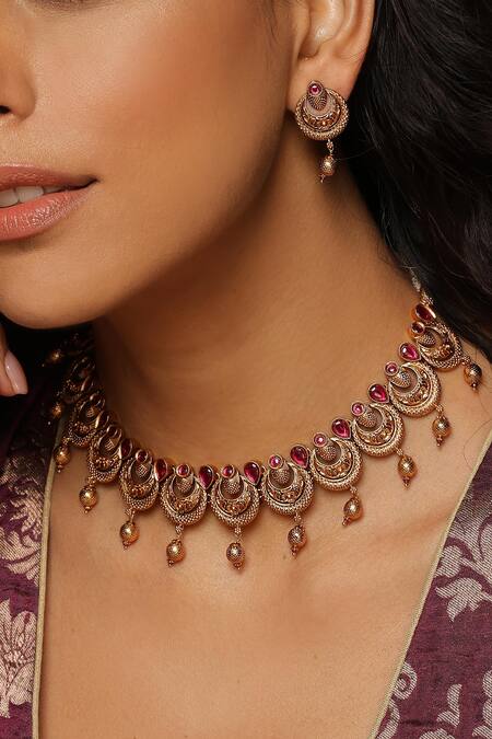 Buy_Swabhimann_Red Embellished Ruby Temple Necklace Set_Online_at_Aza_Fashions
