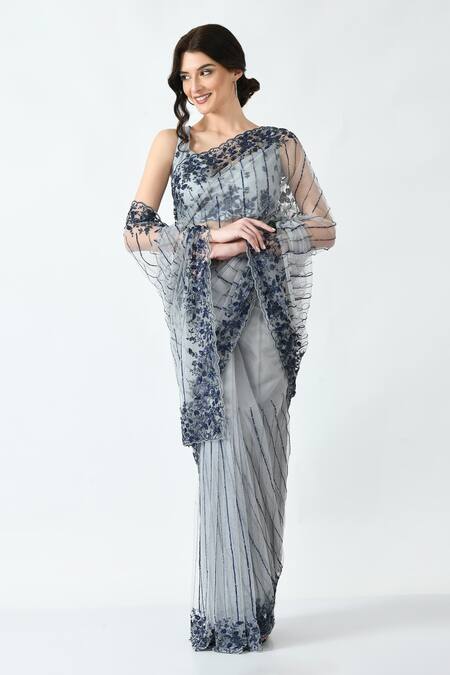 Mehar Grey Net Sequins, Cut Work And Cutdana Hand Embroidered Saree Online at Aza Fashions Mehar_Grey Net Sequins, Cut Work And Cutdana Hand Embroidered Saree _Online_at_Aza_Fashions