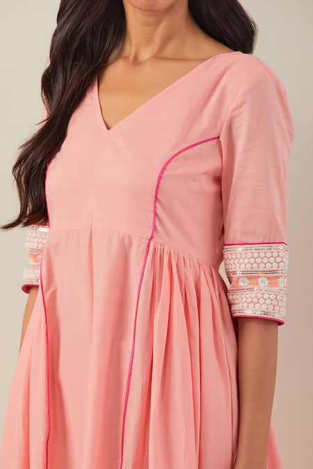 Shop_The Indian Cause_Peach Cotton Embroidery, Sequins V-neck Midi Dress_Online_at_Aza_Fashions