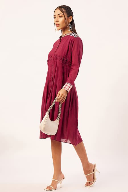 Shop_Zariya The Label_Red Cotton, Muslin Mandarin Collar Placed Checkered Pattern Tunic _Online_at_Aza_Fashions