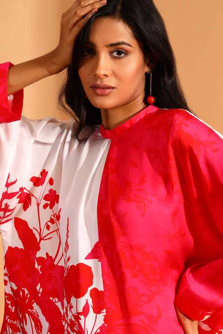 Shop_Moh India_Magenta Cupro Printed Floral Round High Neck Colorblock Tunic And Trouser Set _Online_at_Aza_Fashions