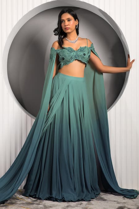 Buy Jade By Ashima Green Crepe Embroidery, Tassels Sweetheart Neck Floral Cape Sleeve Lehenga Set Online at Aza Fashions Buy_Jade By Ashima_Green Crepe Embroidery, Tassels Sweetheart Neck Floral Cape Sleeve Lehenga Set _Online_at_Aza_Fashions