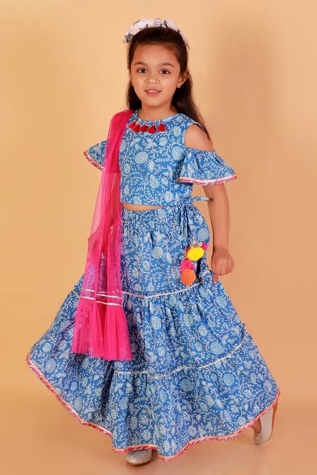 Shop Lil Drama Blue Cotton Tassels Jaipuri Floral Print Lehenga Set Online at Aza Fashions Shop_Lil Drama_Blue Cotton Tassels Jaipuri Floral Print Lehenga Set _Online_at_Aza_Fashions