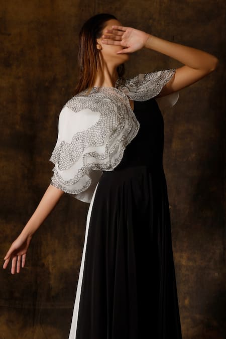 Shop_Eclat By Prerika Jalan_Black Organza, Crepe, Muslin Beads V-neck Color Blocked Jumpsuit With Cape _Online_at_Aza_Fashions