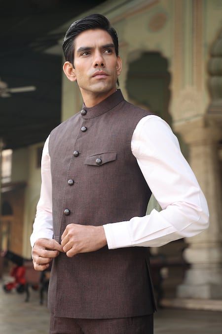 Buy_Raw & Rustic By Niti Bothra_Brown Linen Bundi And Pant Set _Online_at_Aza_Fashions