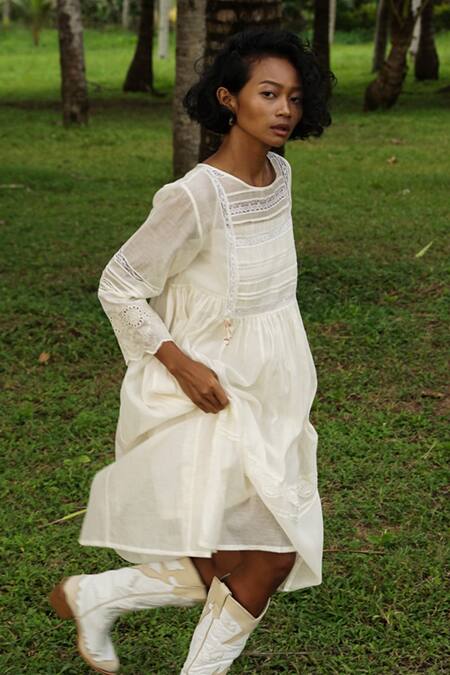 Shop_Baju_Ivory Chanderi Cotton Silk Lace Work Round Della Tunic For Women_Online_at_Aza_Fashions