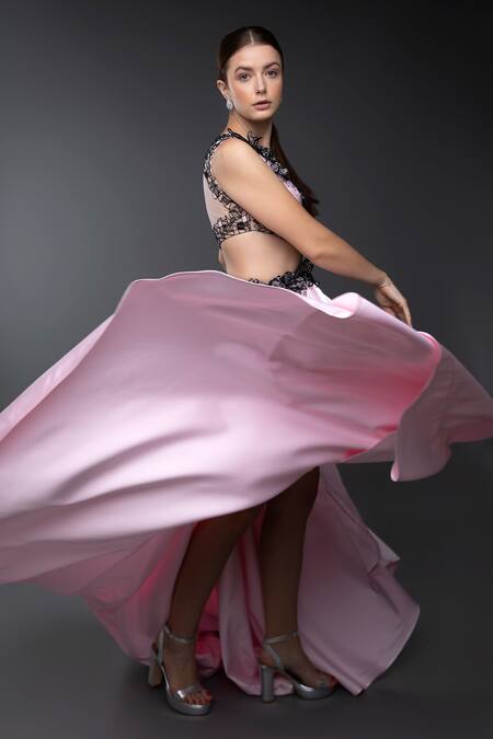 Anjum Qureshi_Pink Satin Hand Embroidered Sequin Round Asymmetrical Gown _at_Aza_Fashions