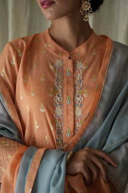 Shop Kanika Sharma Orange Chanderi, Modal, Georgette Pearls, Butti Kurta Peshwa Salwar Set Online at Aza Fashions Shop_Kanika Sharma_Orange Chanderi, Modal, Georgette Pearls, Butti Kurta Peshwa Salwar Set _Online_at_Aza_Fashions