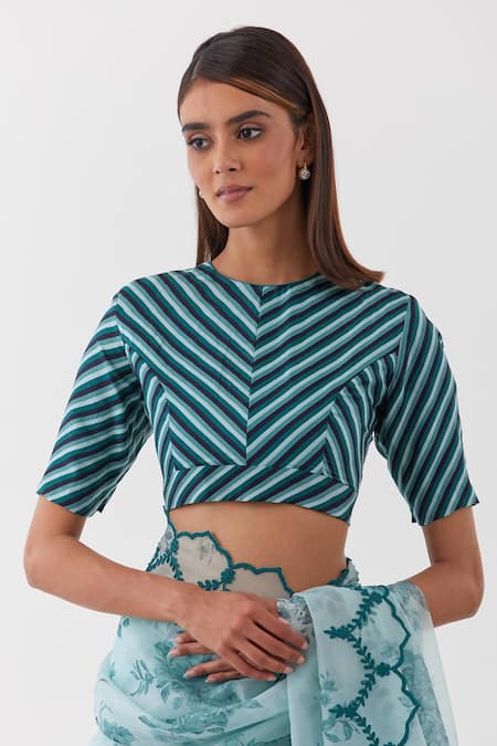 Shop_Amisha Kothari_Blue Organza, Embroidery High Neck Dori Border Saree _Online_at_Aza_Fashions