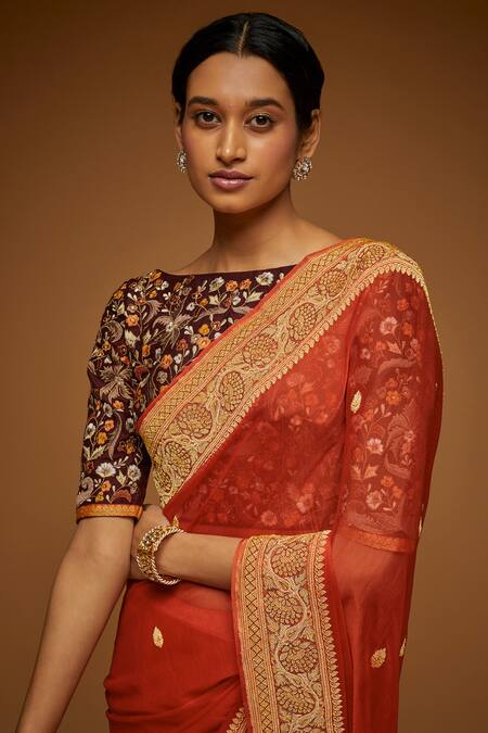 Shop Neeta Lulla Red Chiffon Flower, Mandala Pattern Boat Neck Ida Butti Saree With Blouse Online at Aza Fashions Shop_Neeta Lulla_Red Chiffon Flower, Mandala Pattern Boat Neck Ida Butti Saree With Blouse_Online_at_Aza_Fashions