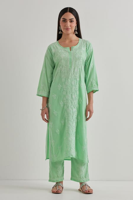 Shop Priya Chaudhary Green Cotton Embroidery V-neck Kurta Set Online at Aza Fashions Shop_Priya Chaudhary_Green Cotton Embroidery V-neck Kurta Set _Online_at_Aza_Fashions