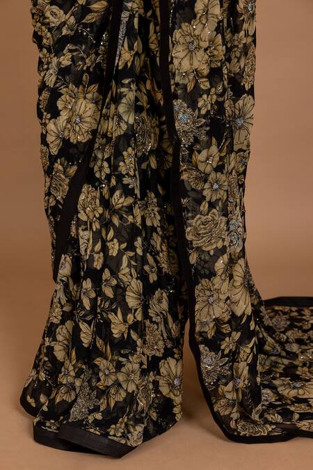 Shop_Varun Bahl_Black Organza Beads V-neck Embroidered Saree With Blouse _Online_at_Aza_Fashions