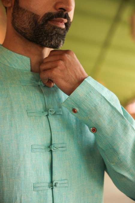Shop_Raw & Rustic By Niti Bothra_Green Linen Embroidery Solid Handcrafted Straight Shirt _Online_at_Aza_Fashions