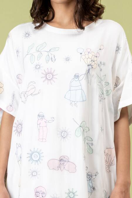 Shop Doodlage White Cotton Embroidery Round Neck Cloudwalker Abstract Oversized Kaftan Dress Online at Aza Fashions Shop_Doodlage_White Cotton Embroidery Round Neck Cloudwalker Abstract Oversized Kaftan Dress _Online_at_Aza_Fashions