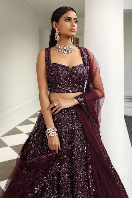 Shop_Miku Kumar_Wine Silk, Net, Organza Sequins All Over Hand Embroidered Bridal Lehenga Set _Online_at_Aza_Fashions