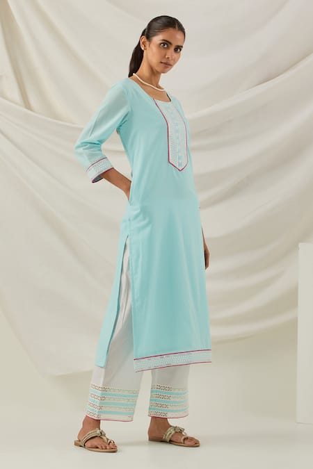 Shop_The Indian Cause_Blue Cotton Piping, Embroidery, Sequins Round Placed Butti Kurta Palazzo Set _Online_at_Aza_Fashions