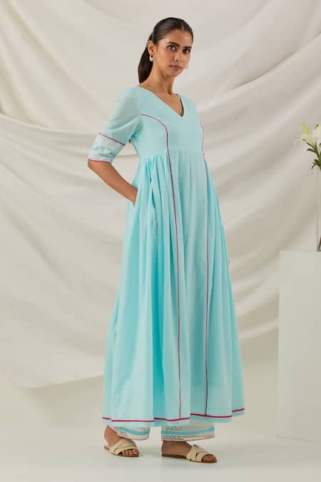 Buy_The Indian Cause_Blue Cotton Embroidery, Lace V-neck Markab Anarkali Palazzo Set_Online_at_Aza_Fashions