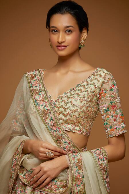 Shop_Neeta Lulla_Beige Tulle Sequin, Resham And Beads V Neck Floral Embroidered Bridal Lehenga Set_Online_at_Aza_Fashions