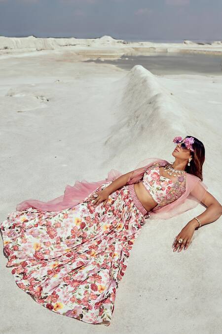 Shop_Nikita Vishakha_Pink Georgette, Silk Organza, Net Ruffle Cape And Printed Lehenga Skirt Set _Online_at_Aza_Fashions