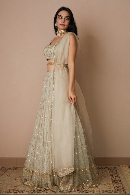 Shop Astha Narang Grey Organza Embroidery, Cut Work, Sequins Scoop Neck Bridal Lehenga Set Online at Aza Fashions Shop_Astha Narang_Grey Organza Embroidery, Cut Work, Sequins Scoop Neck Bridal Lehenga Set _Online_at_Aza_Fashions
