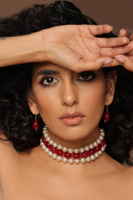 Shop_Swabhimann_Red Stones Embellished Choker Necklace Set _Online_at_Aza_Fashions