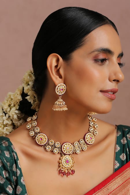 Shop_Swabhimann_Red Beads, Pearls, Stones Carved Embellished Necklace Set _Online_at_Aza_Fashions