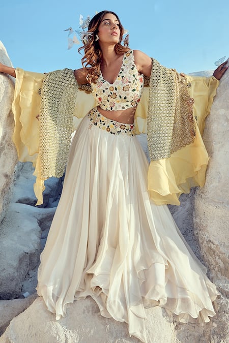 Shop_Nikita Vishakha_White Organza, Jacquard, Net Metallic Thread, Hand Blouse Lehenga Set _Online_at_Aza_Fashions