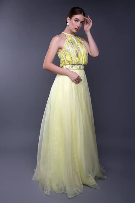 Shop_Anjum Qureshi_Yellow Organza Embroidery Sequin Halter Neck Bodice Gown _Online_at_Aza_Fashions