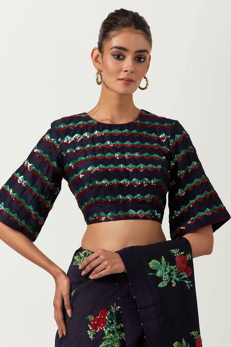 Buy_Label Earthen_Blue Chanderi Silk Embroidery Round Neck Phool Pathi Saree With Blouse 