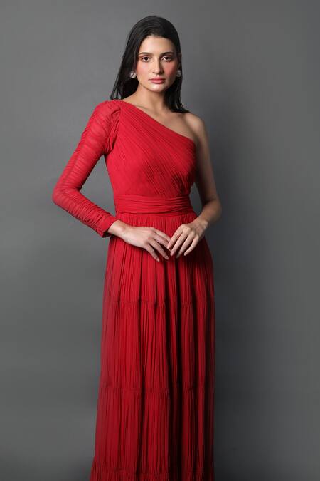 Shop_Swatee Singh_Red Georgette One Shoulder Ruched Gown _Online_at_Aza_Fashions