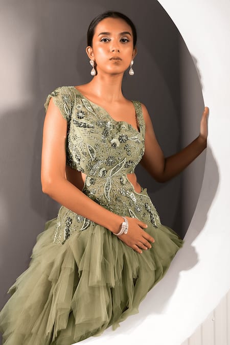 Shop_Jade By Ashima_Beige Net, Denim Embroidery, Ruffles Asymmetric Rue Bodice Gown _Online_at_Aza_Fashions