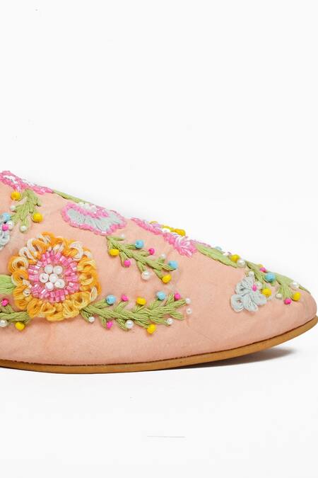 Shop_Miar Designs_Peach Zehra Embroidered Mules_Online_at_Aza_Fashions