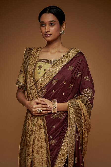 Shop_Neeta Lulla_Gold Georgette, Crepe, Silk Beads, And Embroidered Saree With Blouse_Online_at_Aza_Fashions